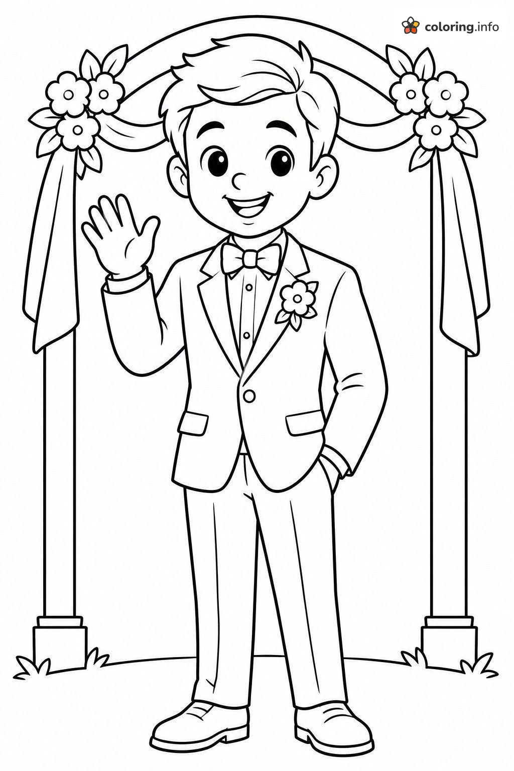 Groom Waving Beneath a Wedding Arch of Flowers coloring sheet Groom Waving Beneath a Wedding Arch of Flowers coloring sheet