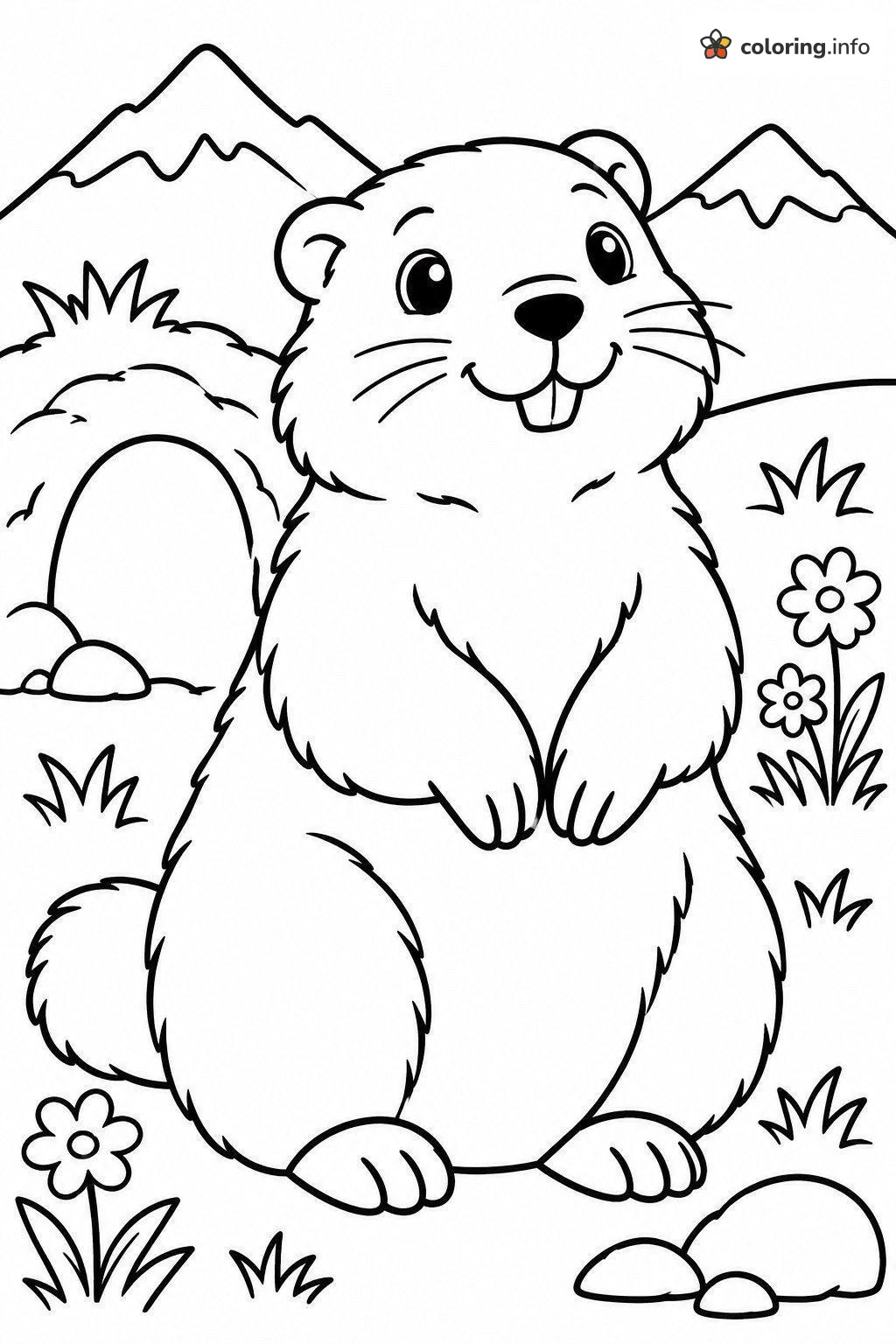 Groundhog by Its Burrow with Mountains Behind coloring page Groundhog by Its Burrow with Mountains Behind coloring page