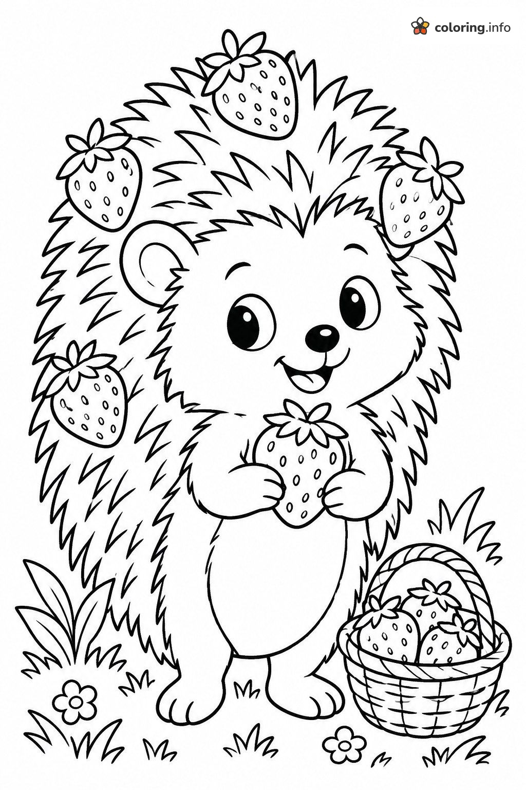 Baby Hedgehog with Strawberries and a Berry Basket coloring sheet Baby Hedgehog with Strawberries and a Berry Basket coloring sheet