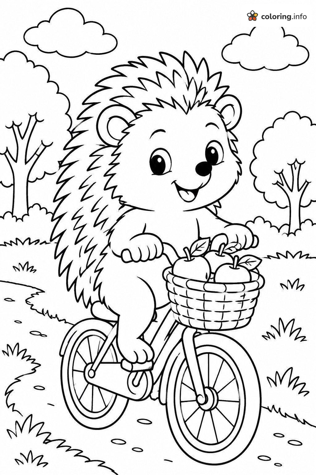 Bike-Riding Hedgehog with a Basket of Apples coloring page Bike-Riding Hedgehog with a Basket of Apples coloring page