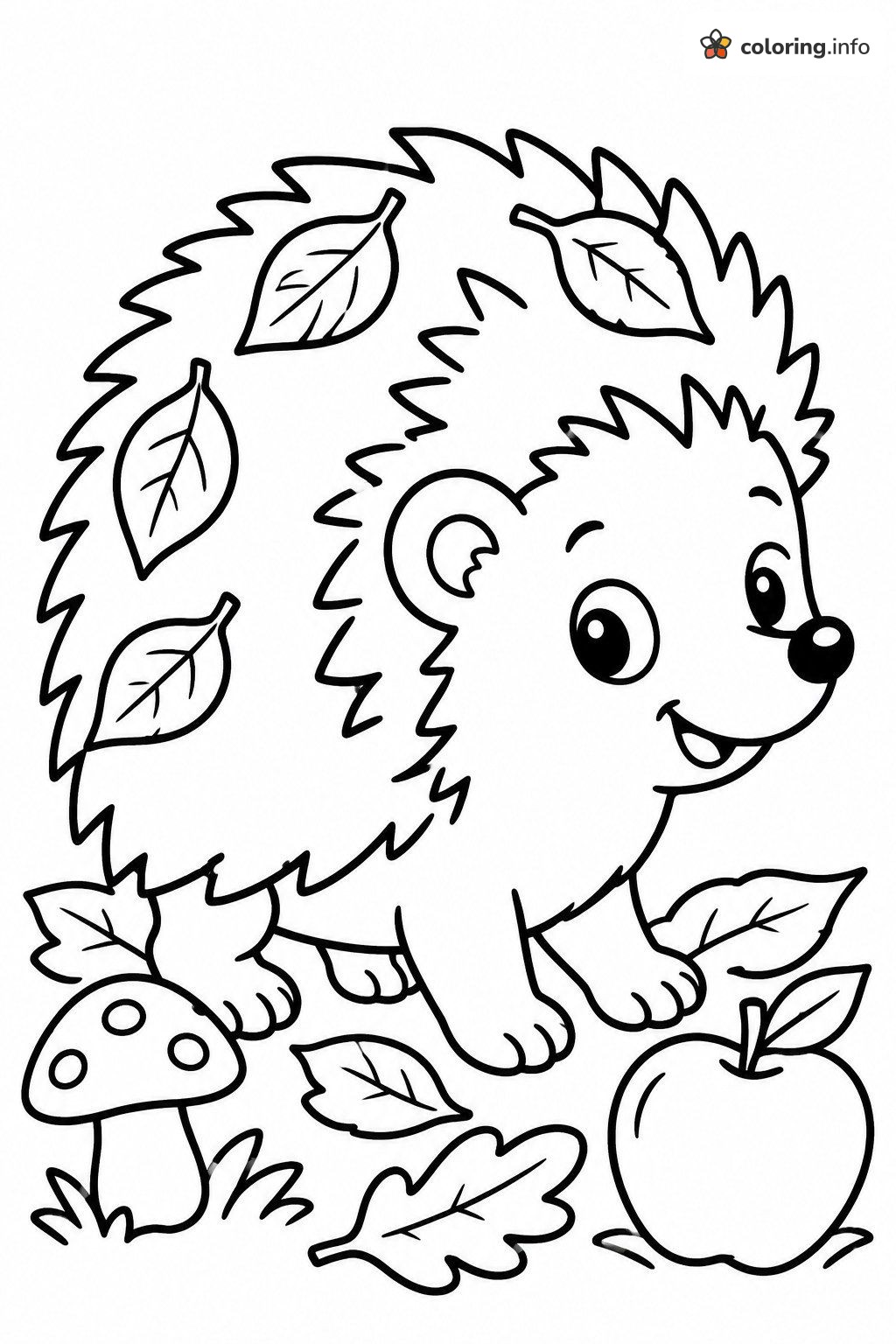 Little Hedgehog Smiling Among Fall Leaves, Mushroom and Apple printable coloring page Little Hedgehog Smiling Among Fall Leaves, Mushroom and Apple printable coloring page