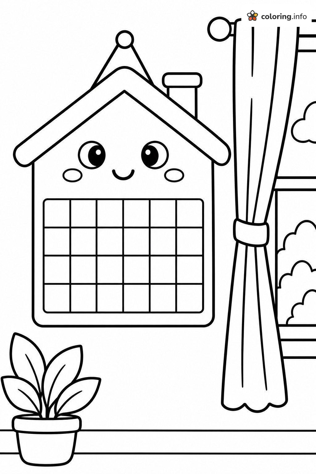 House-Shaped Calendar with a Smile by the Curtain coloring page House-Shaped Calendar with a Smile by the Curtain coloring page