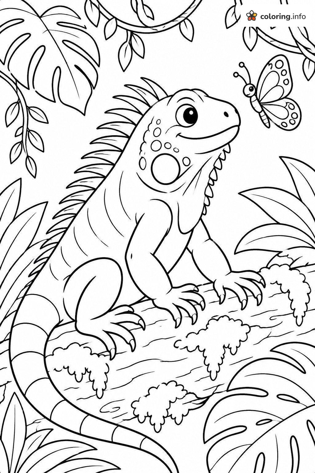 Iguana on a Mossy Log, Jungle Reptiles Coloring Sheet Iguana on a Mossy Log, Jungle Reptiles Coloring Sheet
