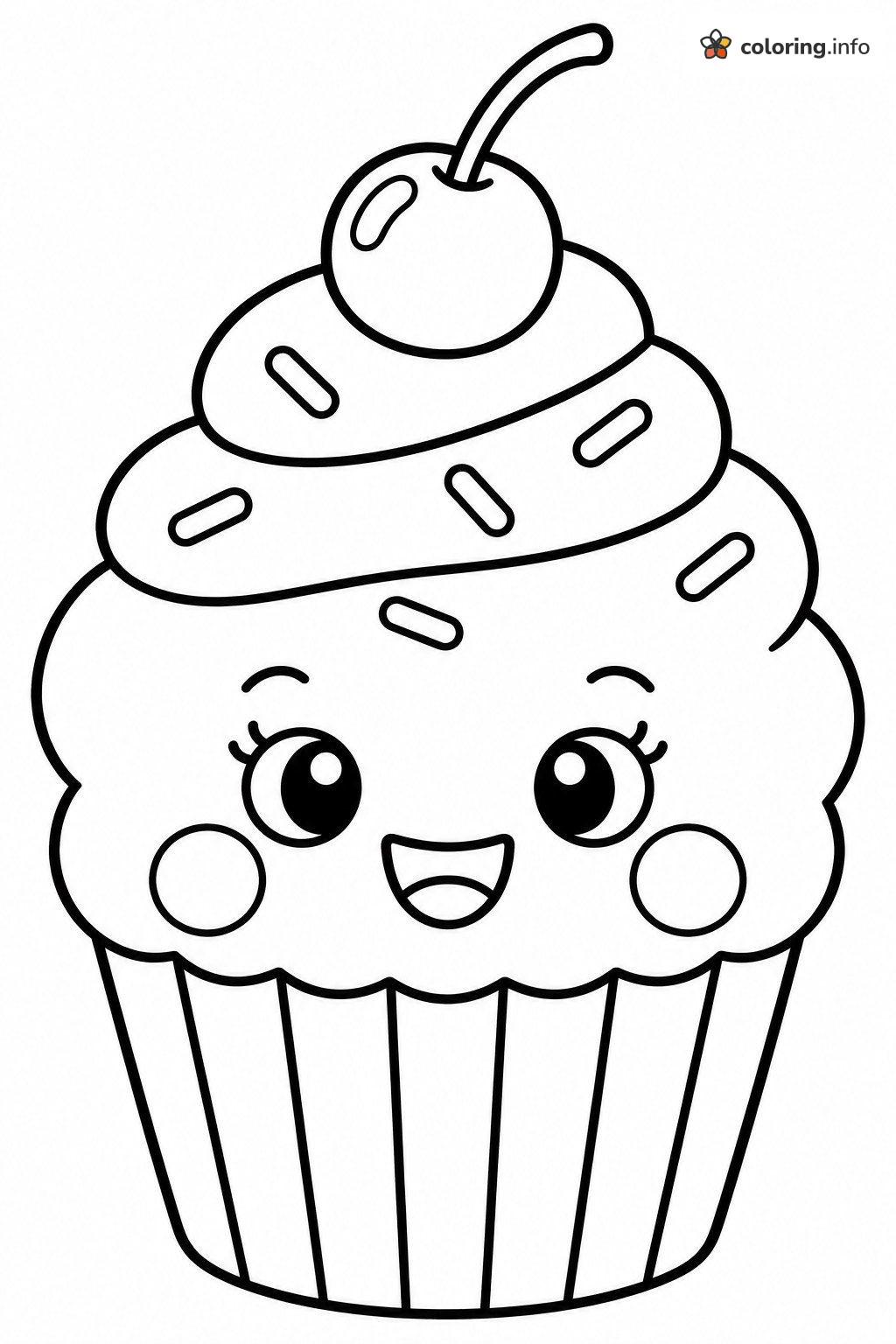 Cherry-Topped Kawaii Cupcake with Sprinkles printable coloring page Cherry-Topped Kawaii Cupcake with Sprinkles printable coloring page