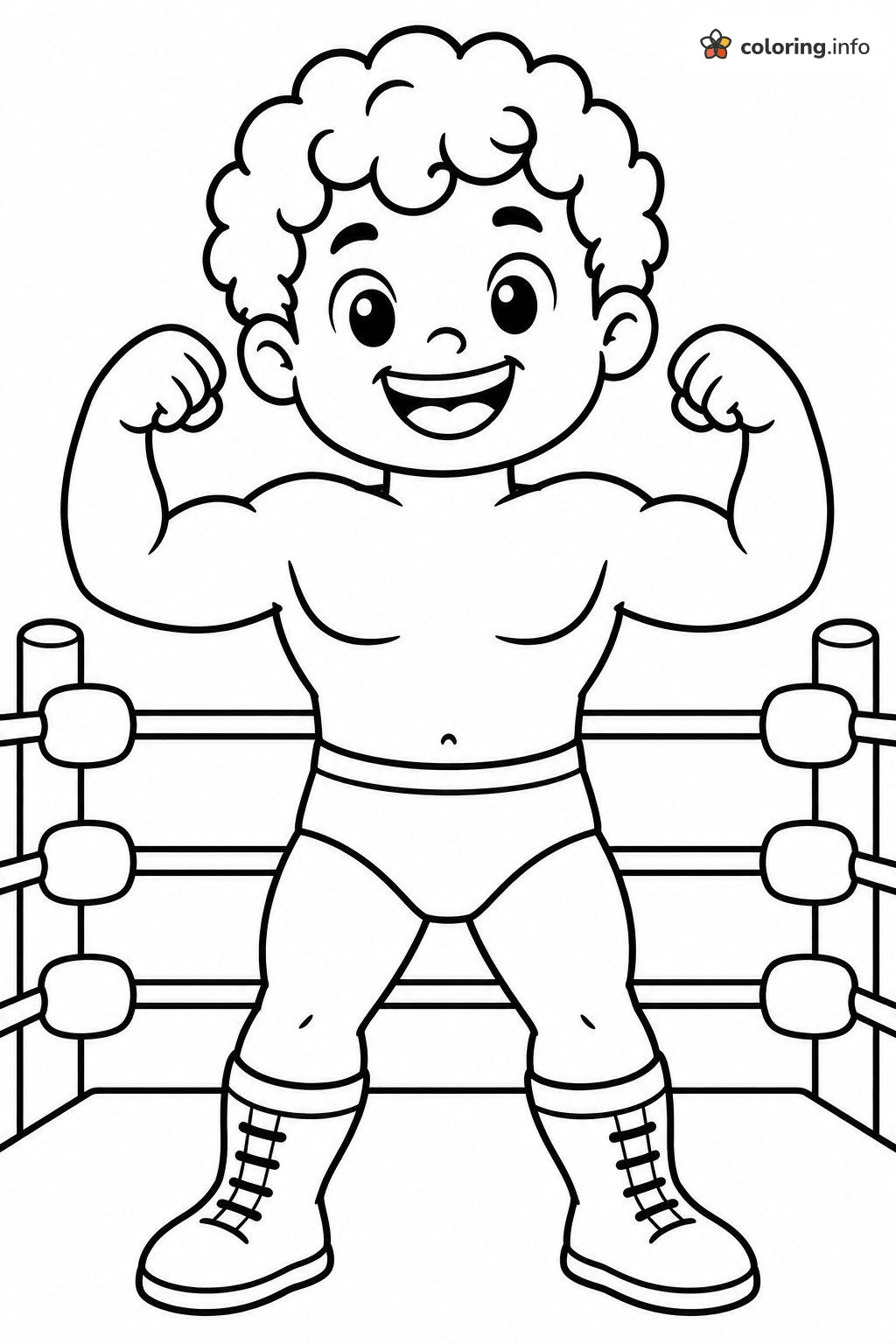 Curly-Haired Kid Flexing Biceps, Wrestling Ring Coloring Page Curly-Haired Kid Flexing Biceps, Wrestling Ring Coloring Page