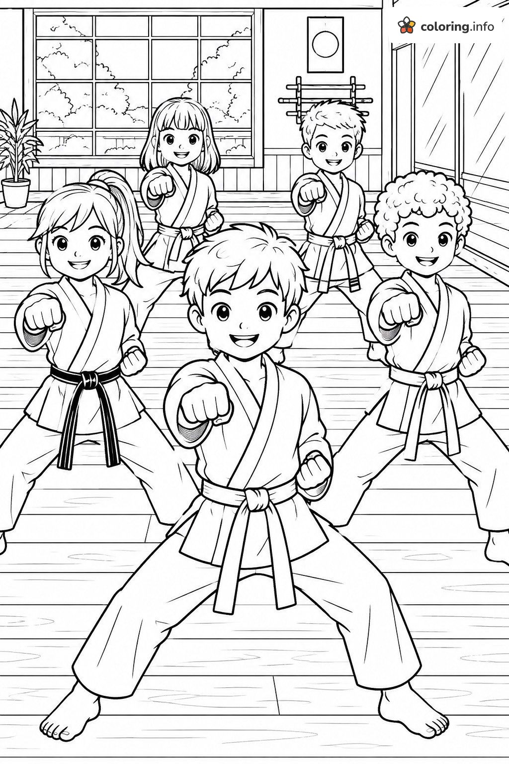 Five Kids Throwing Punches in a Martial Arts Dojo coloring page Five Kids Throwing Punches in a Martial Arts Dojo coloring page