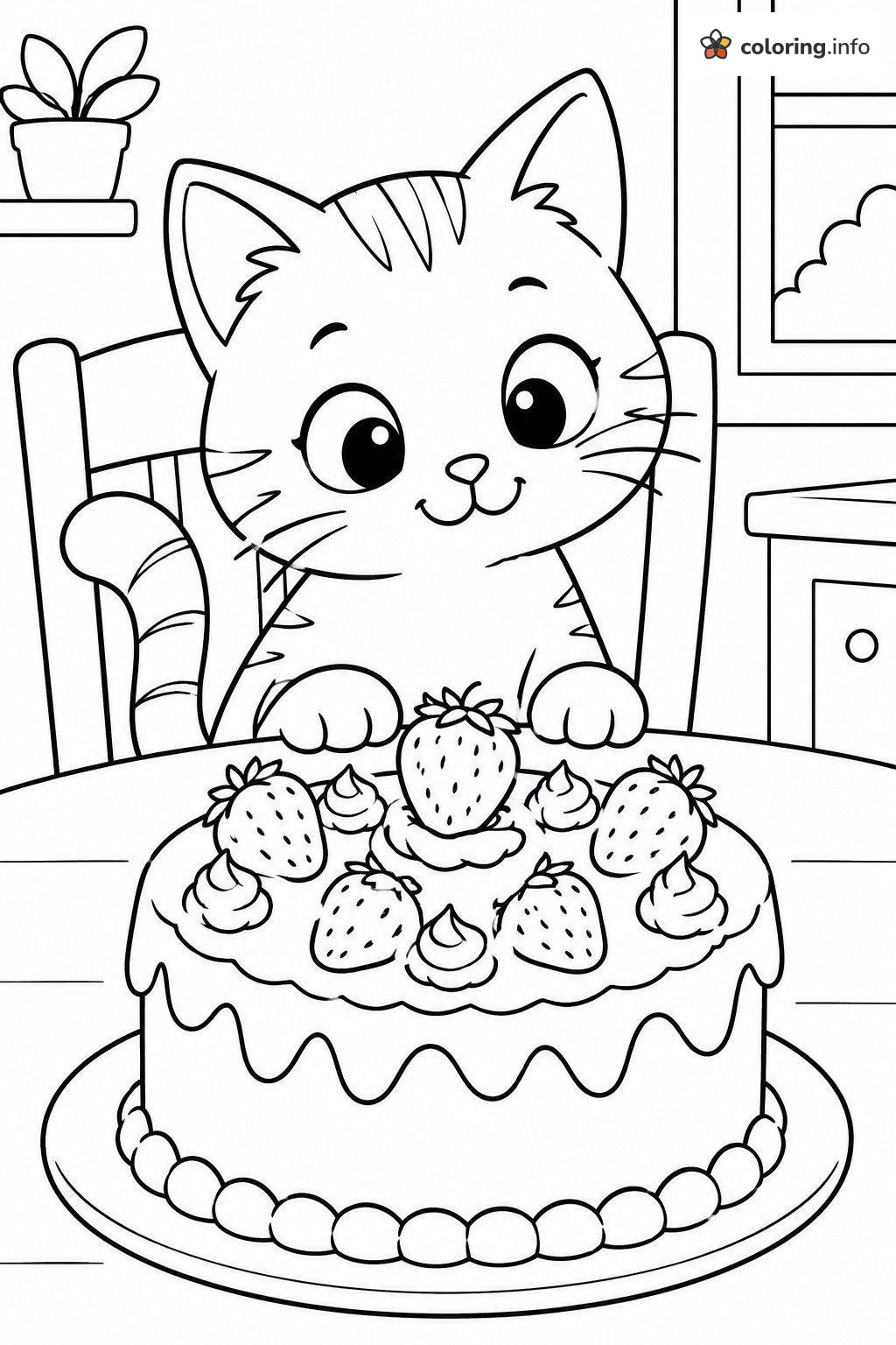 Kitten Sitting Behind a Strawberry Cake coloring page Kitten Sitting Behind a Strawberry Cake coloring page