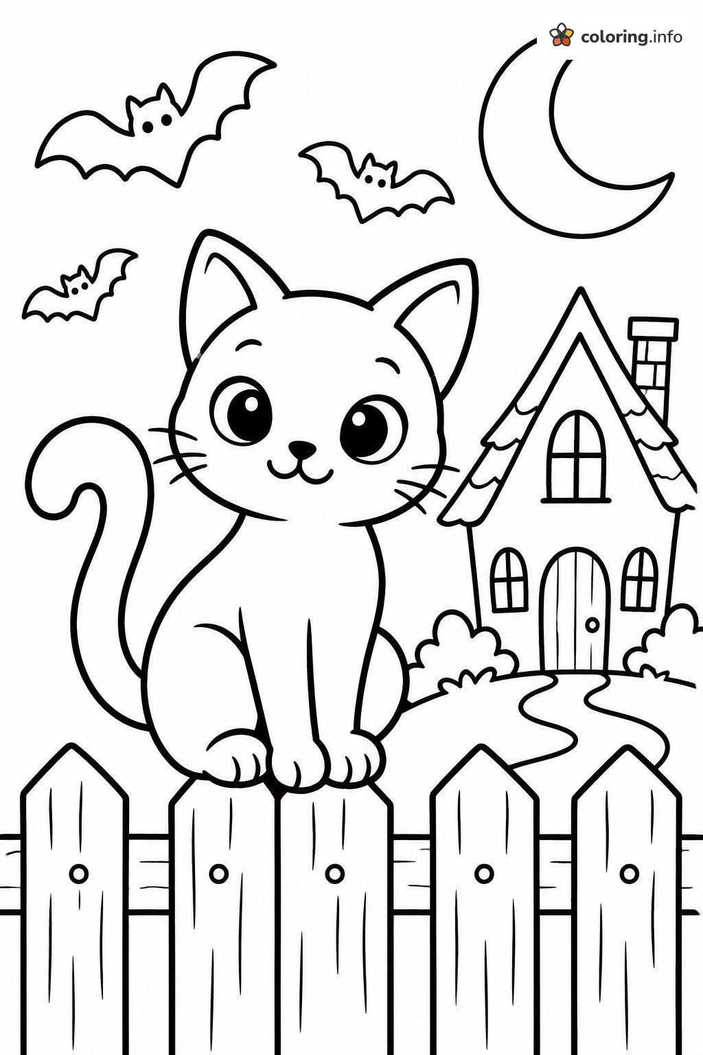 Kitten on a Picket Fence Near a Haunted House coloring sheet Kitten on a Picket Fence Near a Haunted House coloring sheet