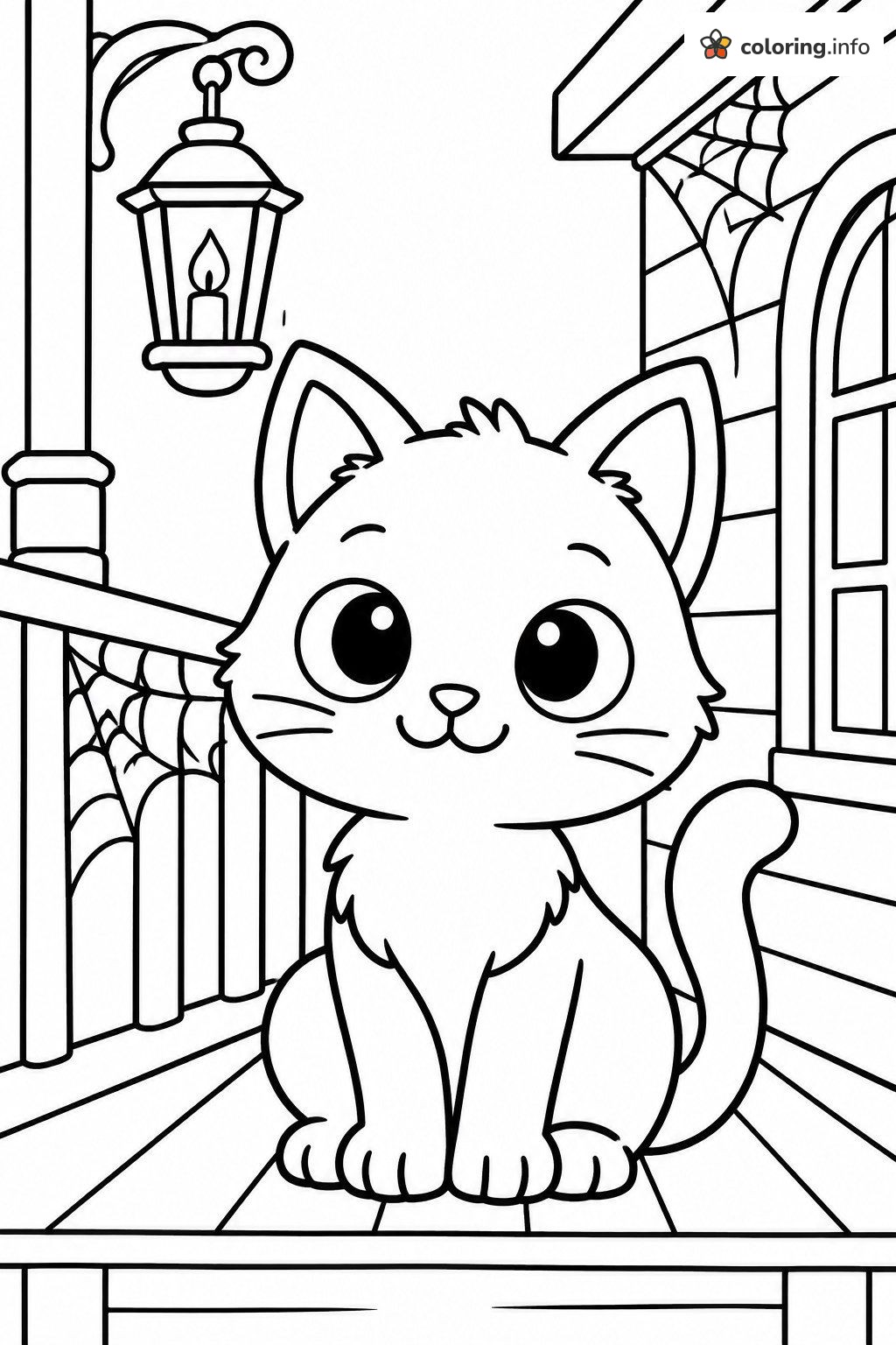 Kitten on a Haunted House Porch Full of Cobwebs coloring page Kitten on a Haunted House Porch Full of Cobwebs coloring page