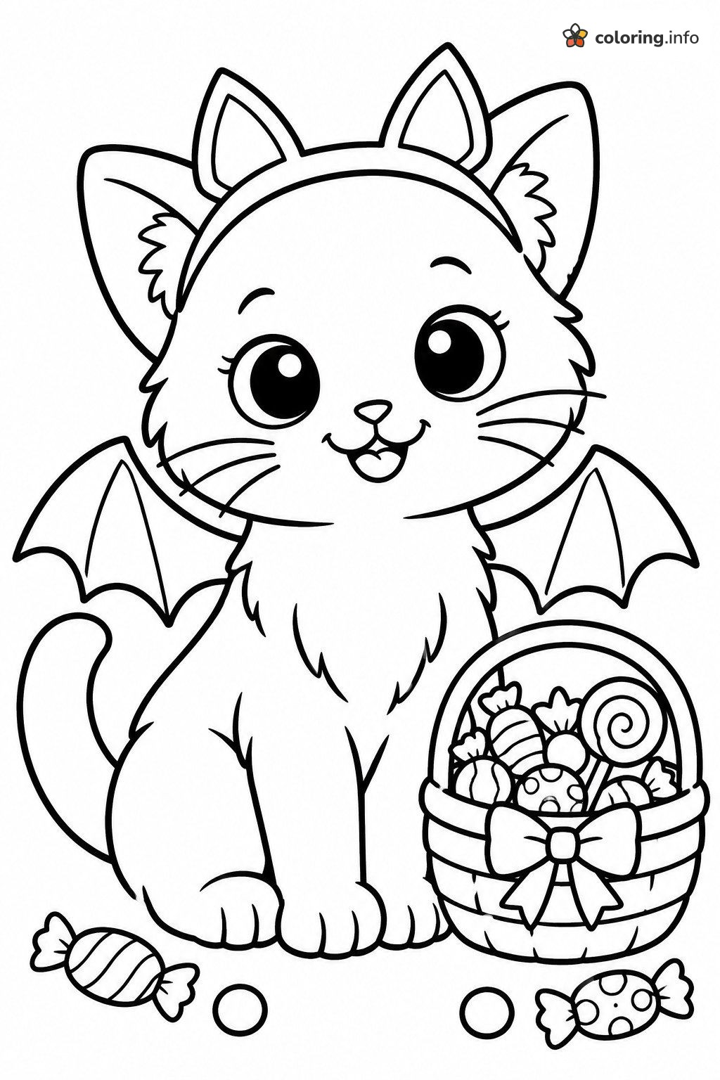 Bat-Winged Kitten with a Trick-or-Treat Candy Basket coloring page Bat-Winged Kitten with a Trick-or-Treat Candy Basket coloring page