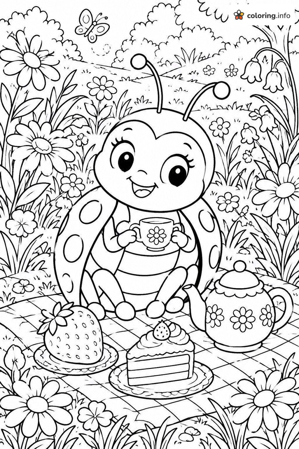 Ladybug Tea Party Picnic in the Garden coloring sheet Ladybug Tea Party Picnic in the Garden coloring sheet