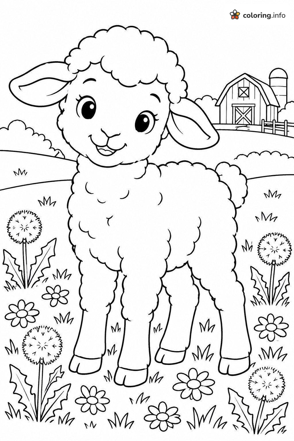 Lamb in a Spring Dandelion Meadow by the Barn coloring sheet Lamb in a Spring Dandelion Meadow by the Barn coloring sheet