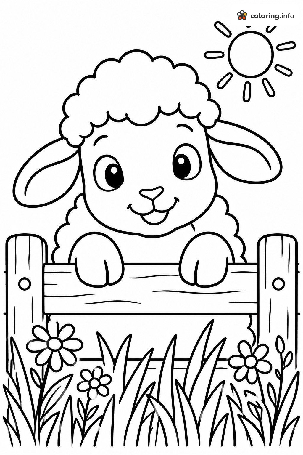 Sheep Peeking Over a Wooden Fence with Flowers coloring page Sheep Peeking Over a Wooden Fence with Flowers coloring page