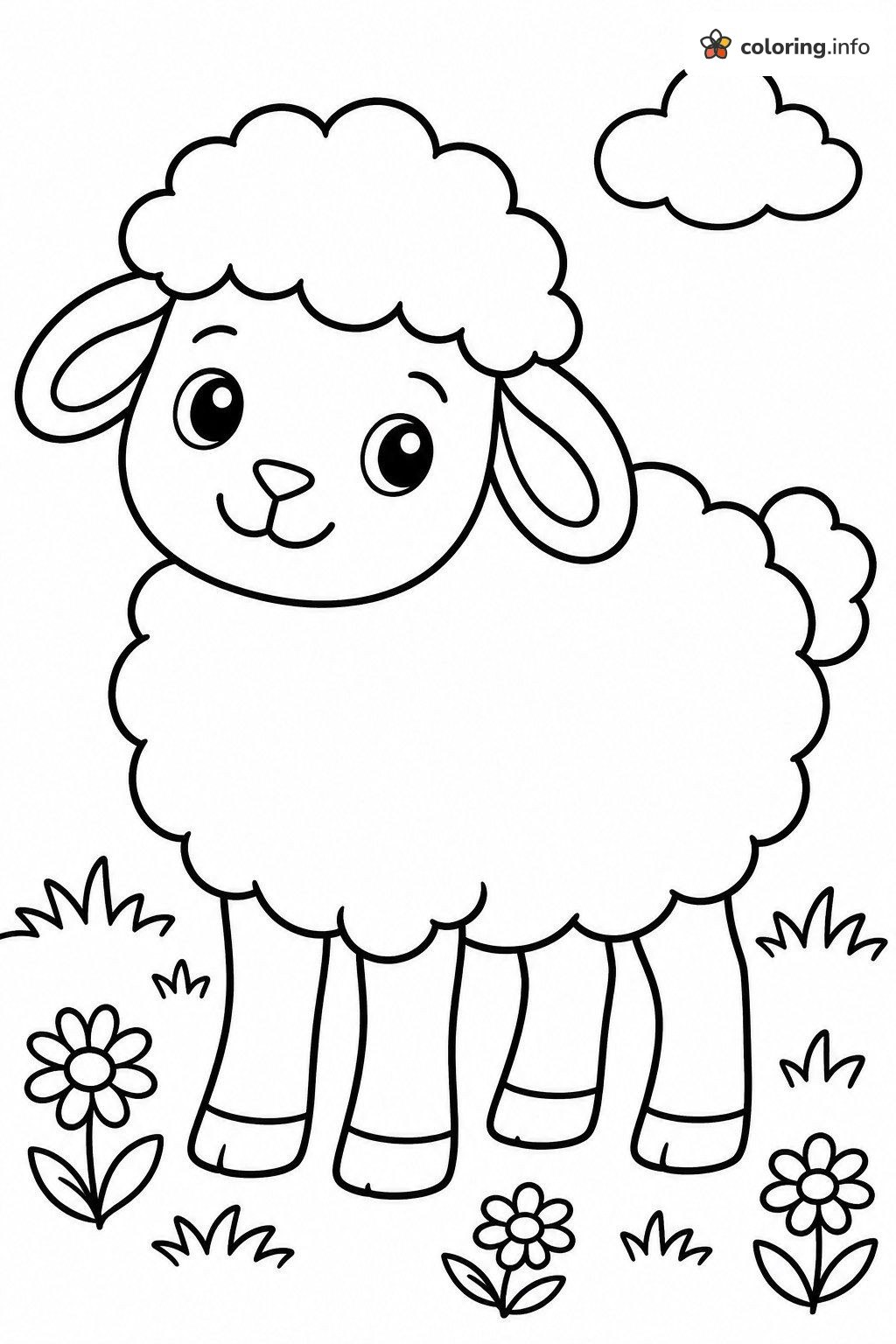 Smiling Little Sheep Standing in Grass with Flowers and a Cloud coloring page Smiling Little Sheep Standing in Grass with Flowers and a Cloud coloring page