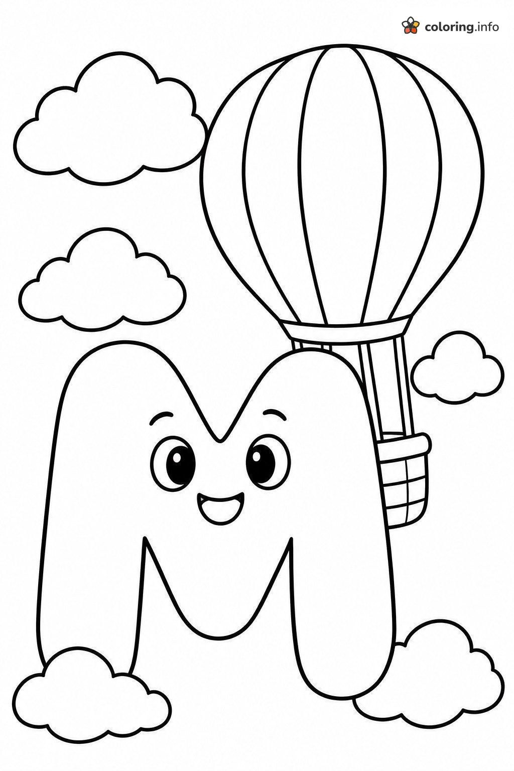 Happy Bubble Letter M with a Hot Air Balloon coloring page Happy Bubble Letter M with a Hot Air Balloon coloring page