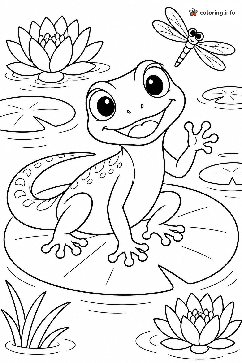Waving Lizard on a Lily Pad With a Dragonfly coloring sheet Waving Lizard on a Lily Pad With a Dragonfly coloring sheet