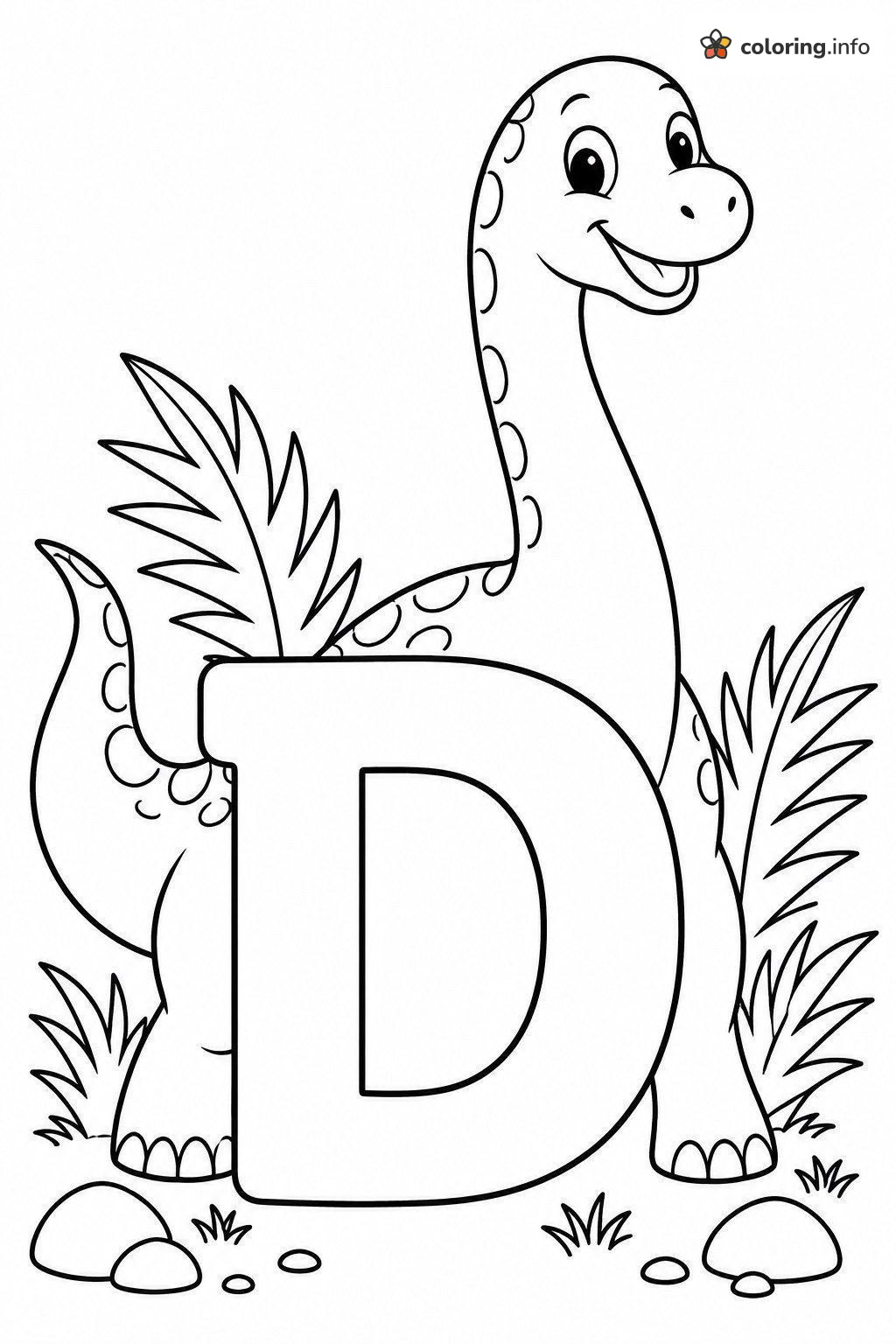 Long-Neck Dinosaur Peeking Over Letter D, Alphabet Page coloring sheet Long-Neck Dinosaur Peeking Over Letter D, Alphabet Page coloring sheet