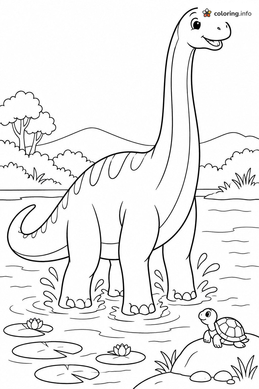 Pond Wading Dinosaur With a Little Turtle coloring page Pond Wading Dinosaur With a Little Turtle coloring page