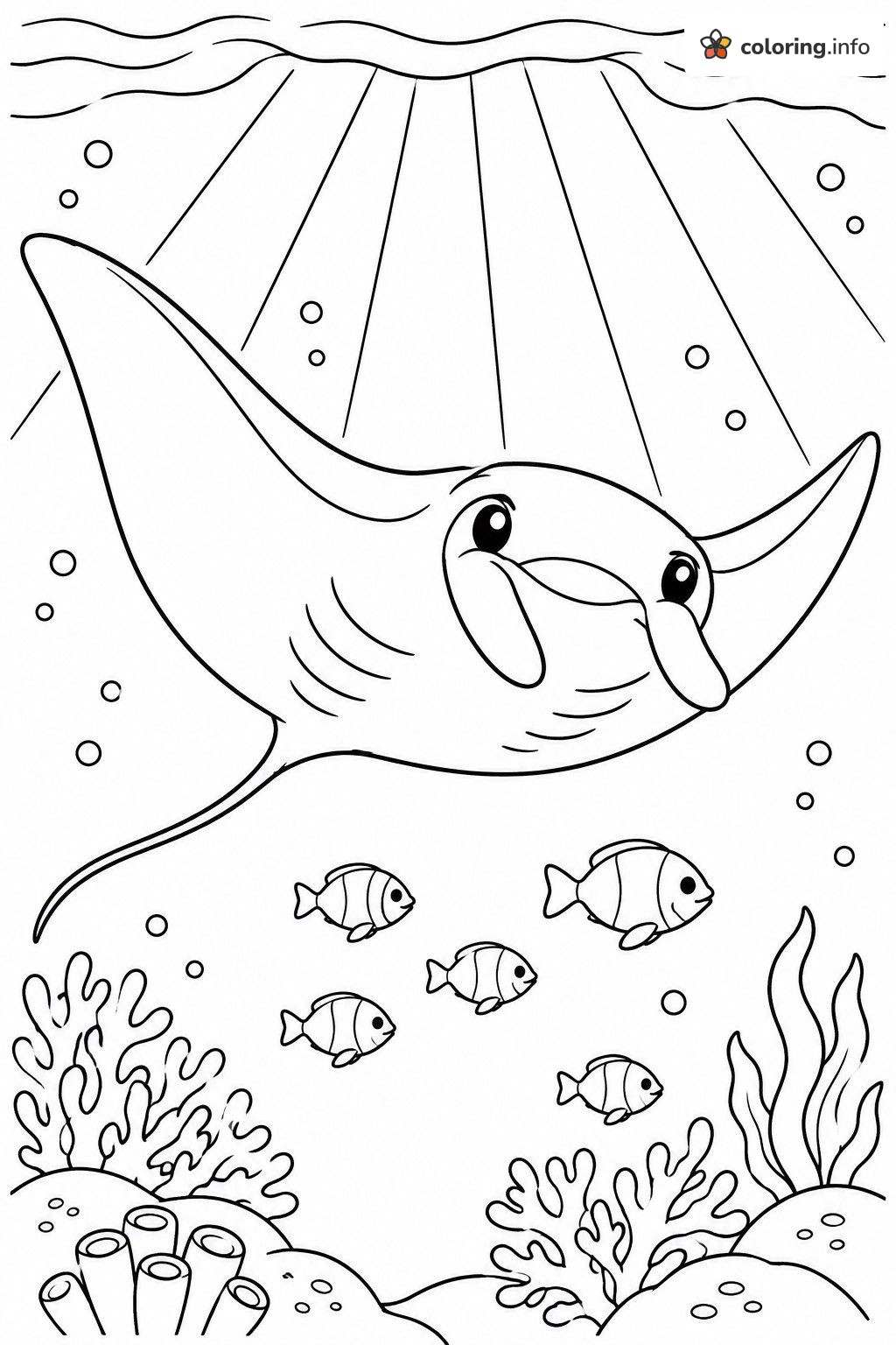 Gliding Manta Ray Over the Reef, Sea Animals (General) Coloring Page Gliding Manta Ray Over the Reef, Sea Animals (General) Coloring Page