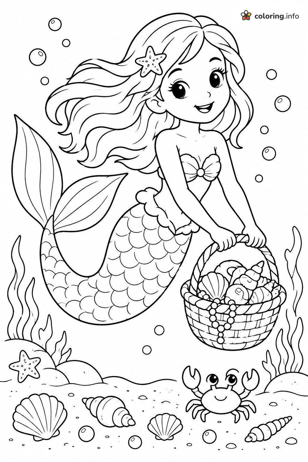 Mermaid With a Seashell Basket and Crab Buddy coloring page Mermaid With a Seashell Basket and Crab Buddy coloring page
