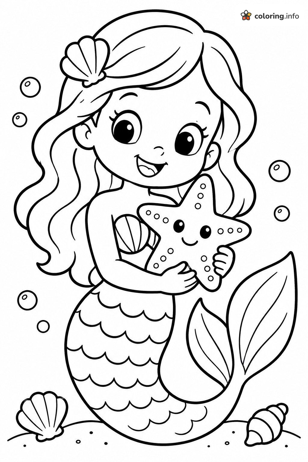 Starfish Cuddle With a Happy Mermaid Girl printable coloring page Starfish Cuddle With a Happy Mermaid Girl printable coloring page