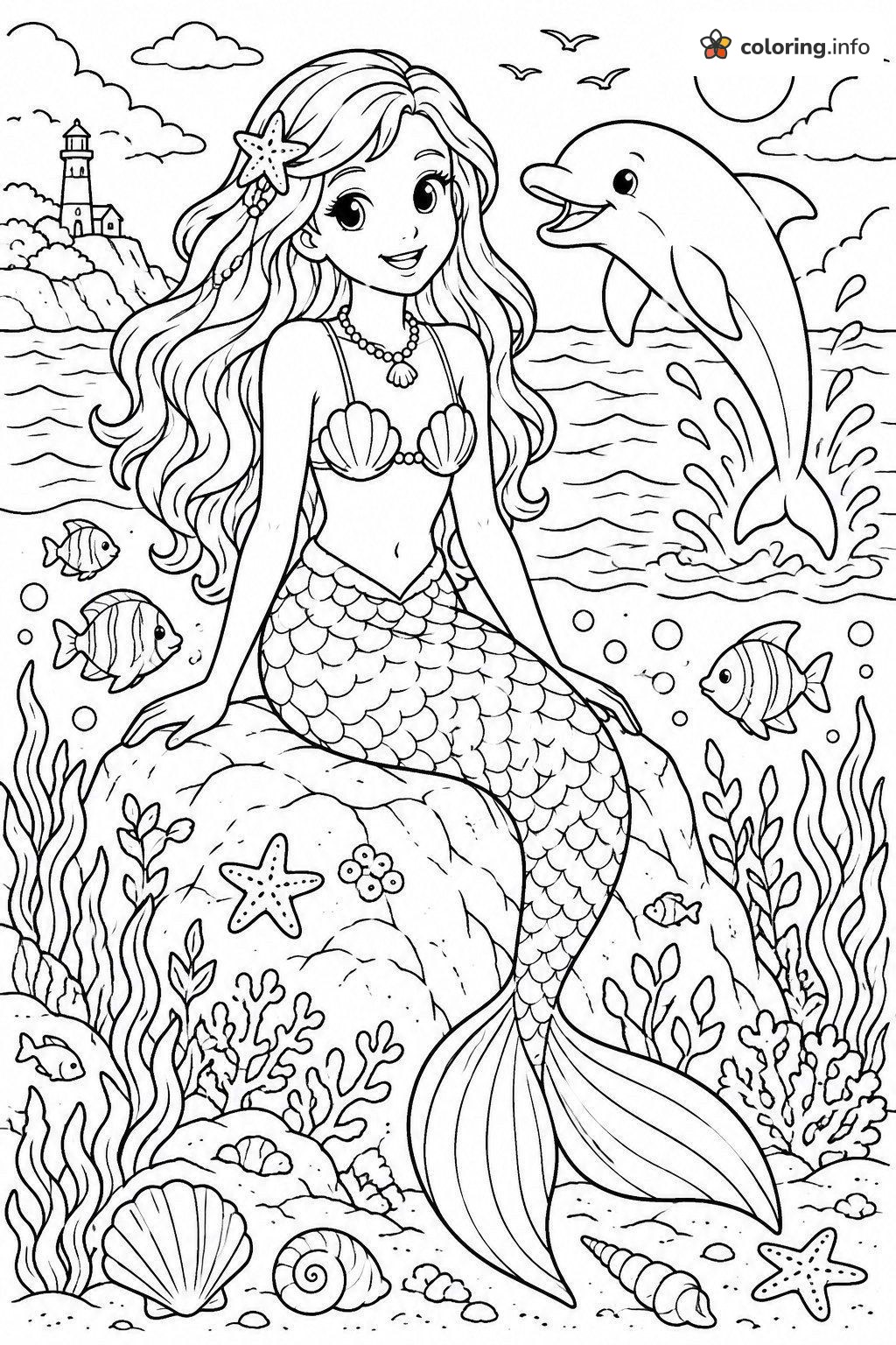 Mermaid and Dolphin Ocean Scene Coloring For Kids printable coloring page Mermaid and Dolphin Ocean Scene Coloring For Kids printable coloring page