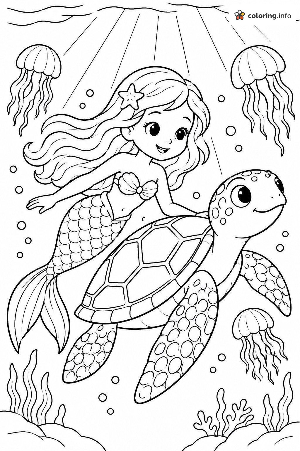 Sea Turtle Ride for a Smiling Mermaid and Jellyfish coloring page Sea Turtle Ride for a Smiling Mermaid and Jellyfish coloring page