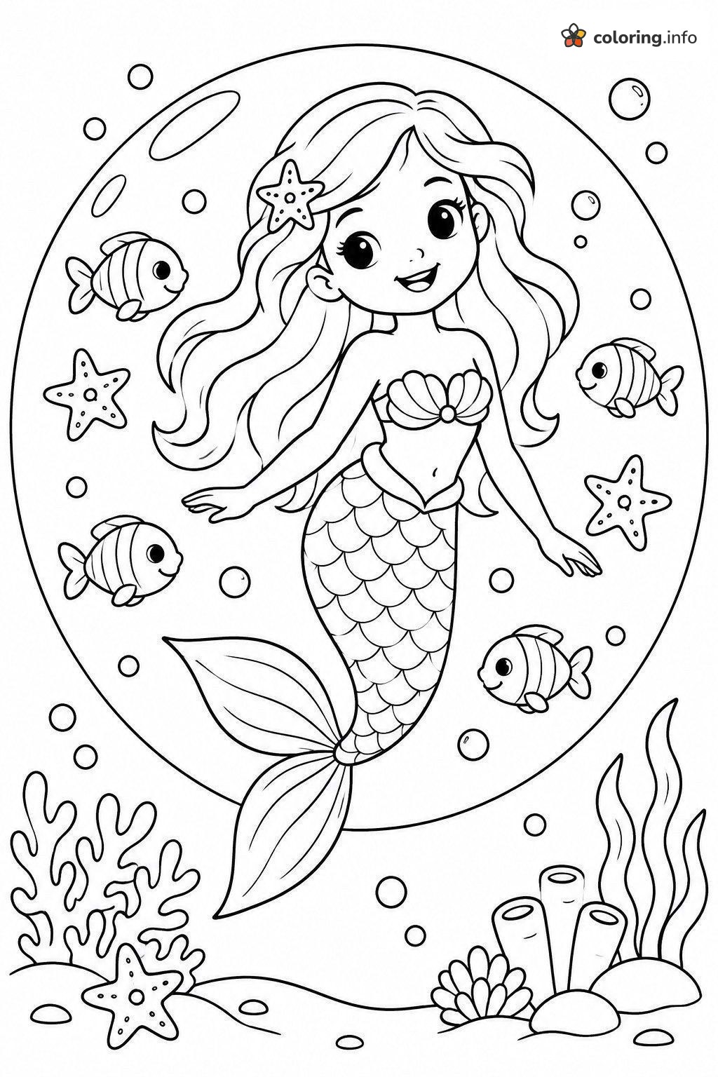 Bubble Float With a Mermaid and Striped Fish printable coloring page Bubble Float With a Mermaid and Striped Fish printable coloring page