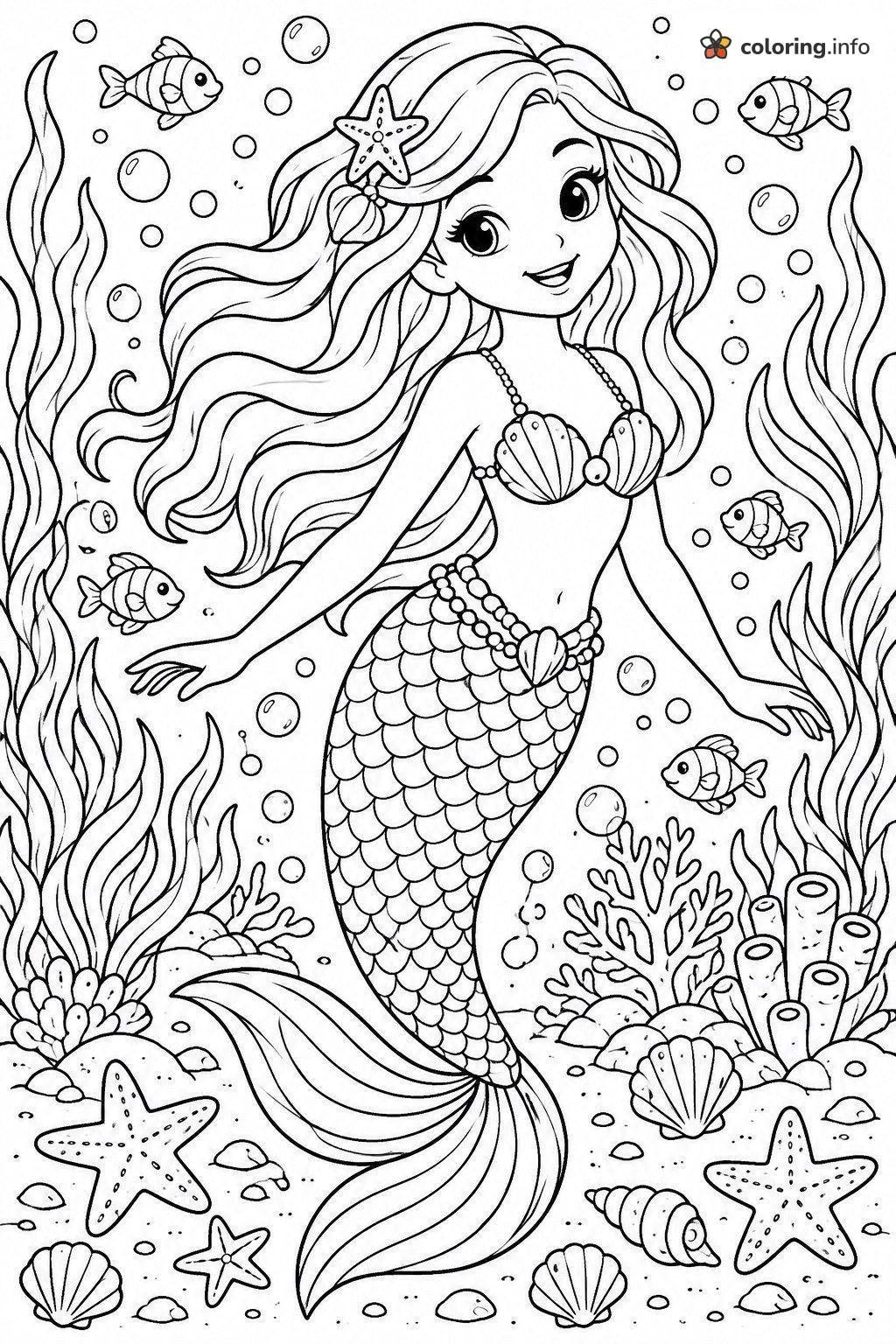 Friendly Mermaid Swimming With Fish and Starfish Clip coloring page Friendly Mermaid Swimming With Fish and Starfish Clip coloring page