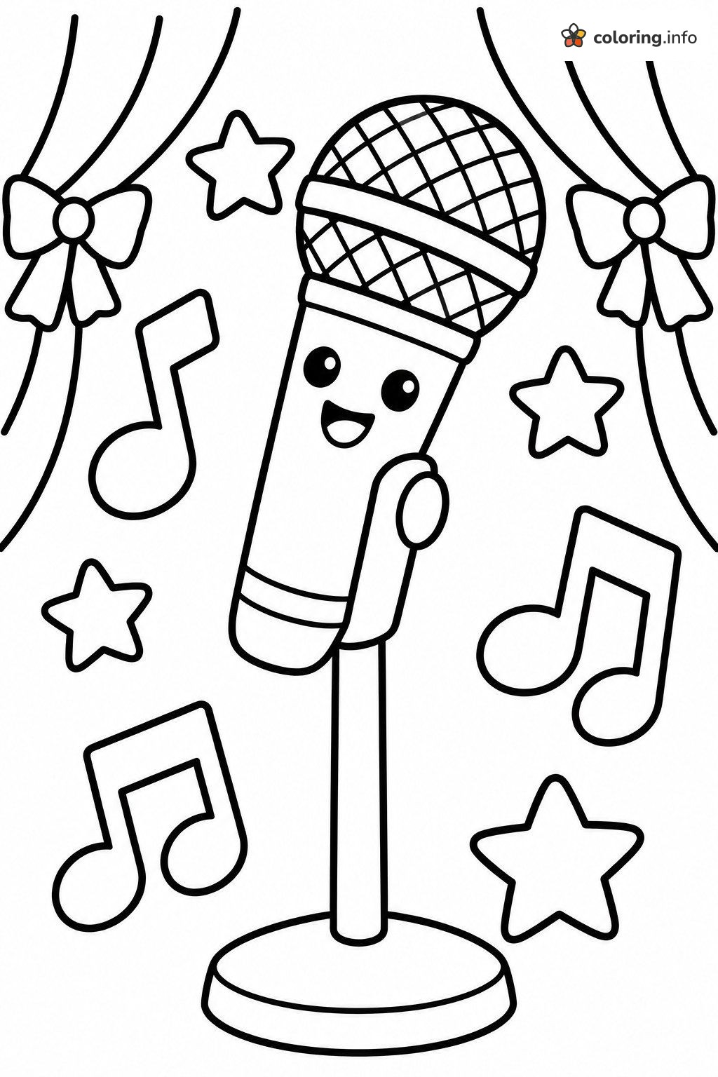 Smiling Microphone With Notes and Stars, Sing (movie) Printable coloring page Smiling Microphone With Notes and Stars, Sing (movie) Printable coloring page