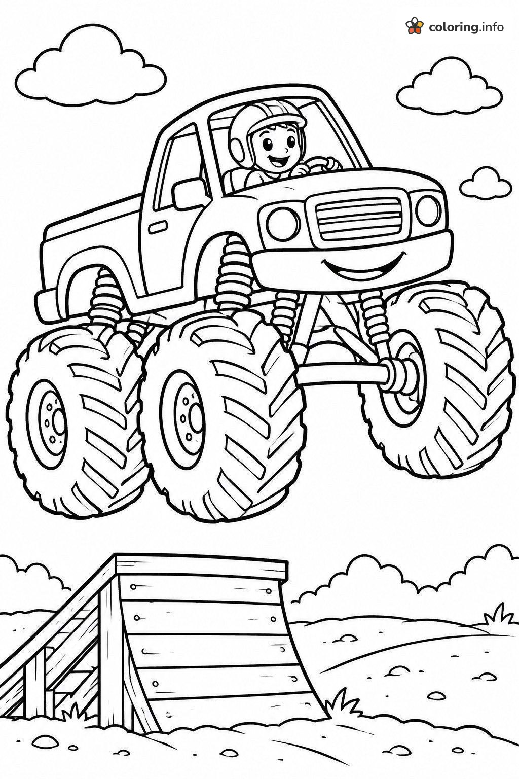 Grinning Monster Truck Launching Off a Wooden Ramp coloring sheet Grinning Monster Truck Launching Off a Wooden Ramp coloring sheet