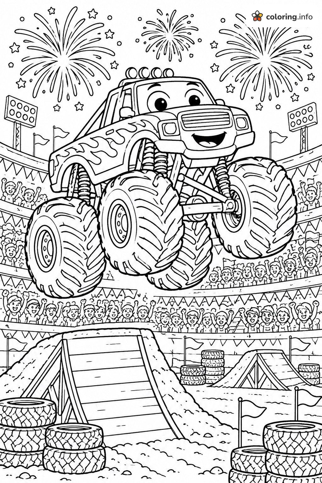 Fireworks Night With a Jumping Monster Truck coloring page Fireworks Night With a Jumping Monster Truck coloring page