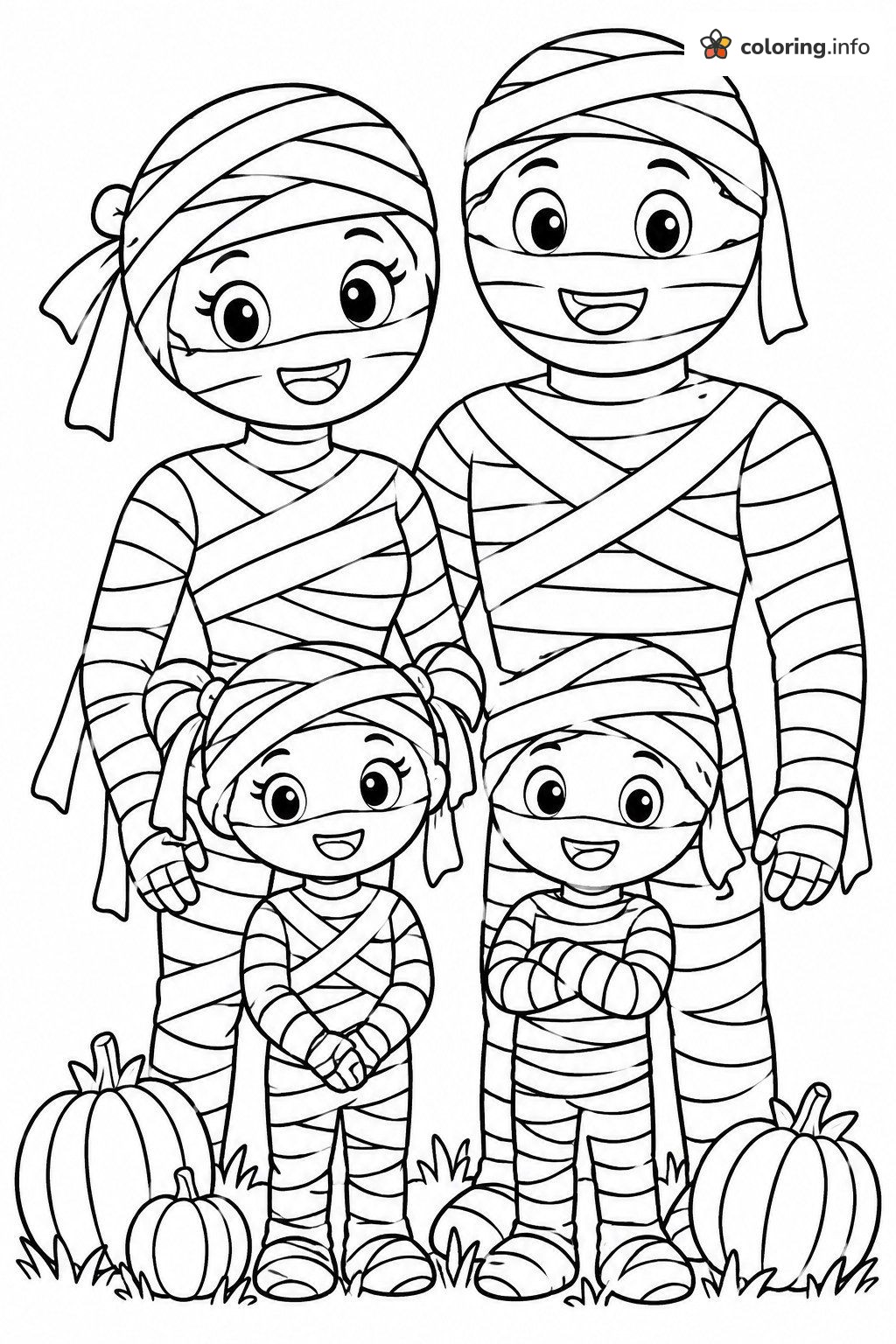 Mummy Family Portrait with Three Pumpkins coloring page Mummy Family Portrait with Three Pumpkins coloring page