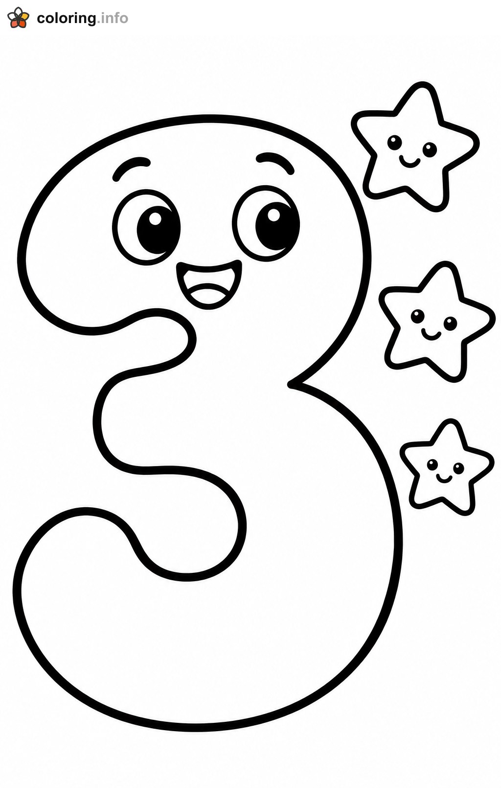 Smiling Number 3 With Three Happy Stars coloring page Smiling Number 3 With Three Happy Stars coloring page