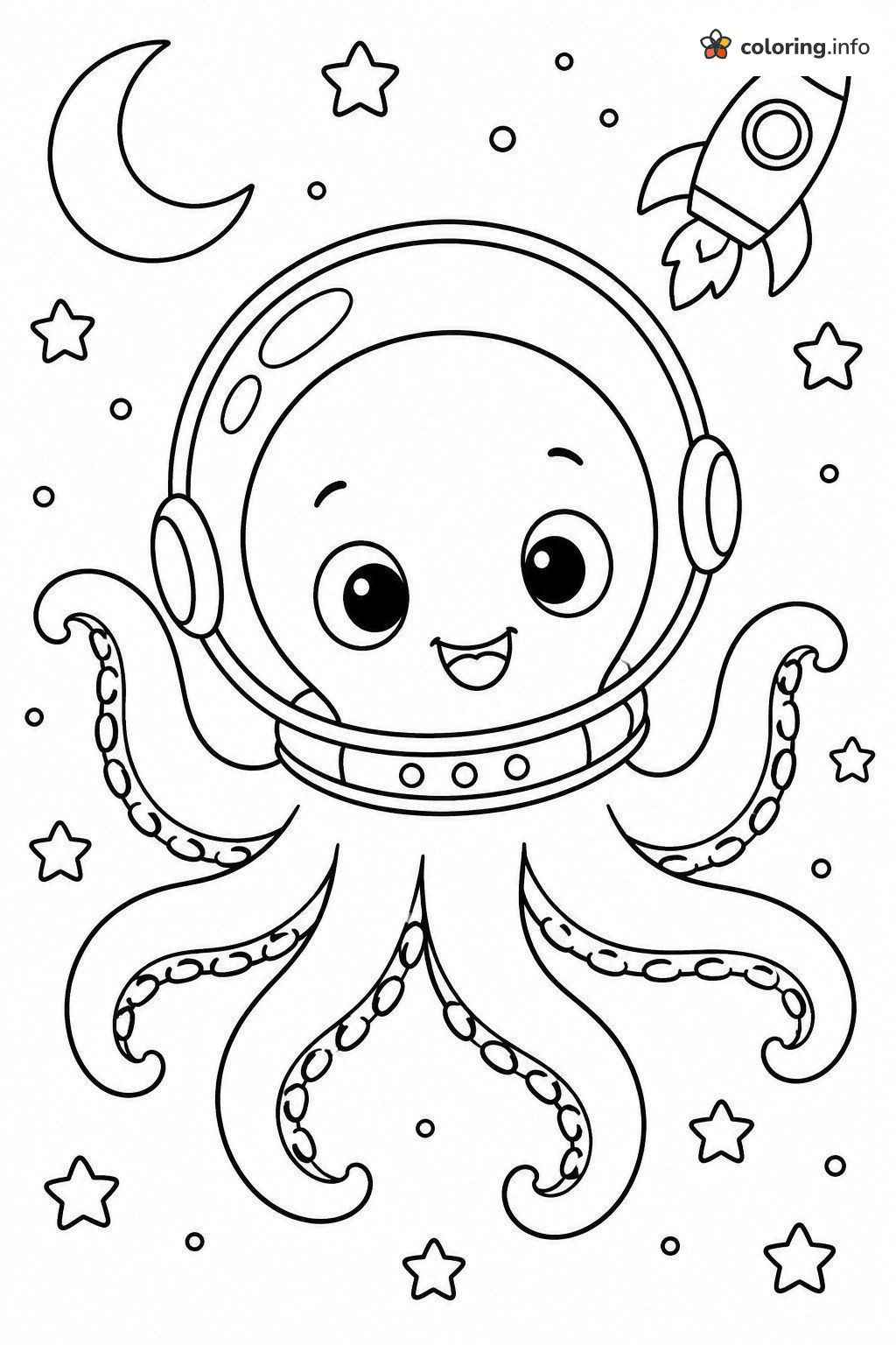 Astronaut Octopus Floating Past Moon and Rocket coloring page Astronaut Octopus Floating Past Moon and Rocket coloring page