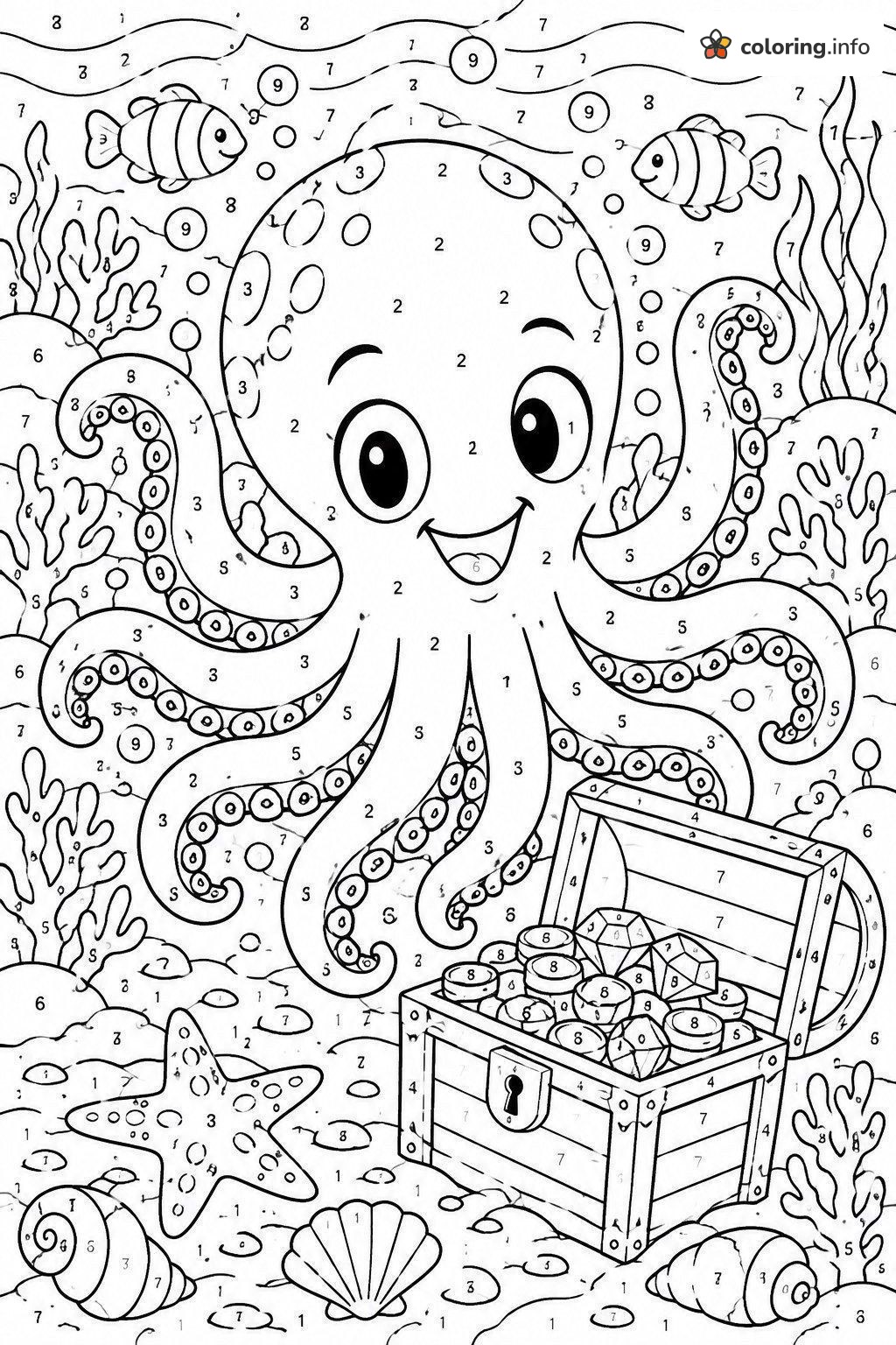 Octopus and Treasure Chest Color by Number printable coloring page Octopus and Treasure Chest Color by Number printable coloring page