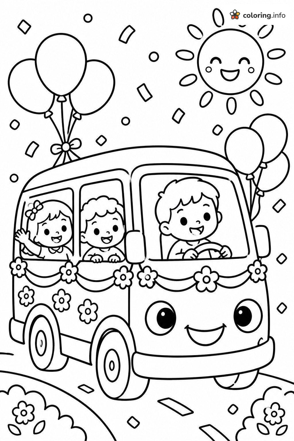 Birthday-Style Party Bus Full of Balloons and Kids coloring page Birthday-Style Party Bus Full of Balloons and Kids coloring page