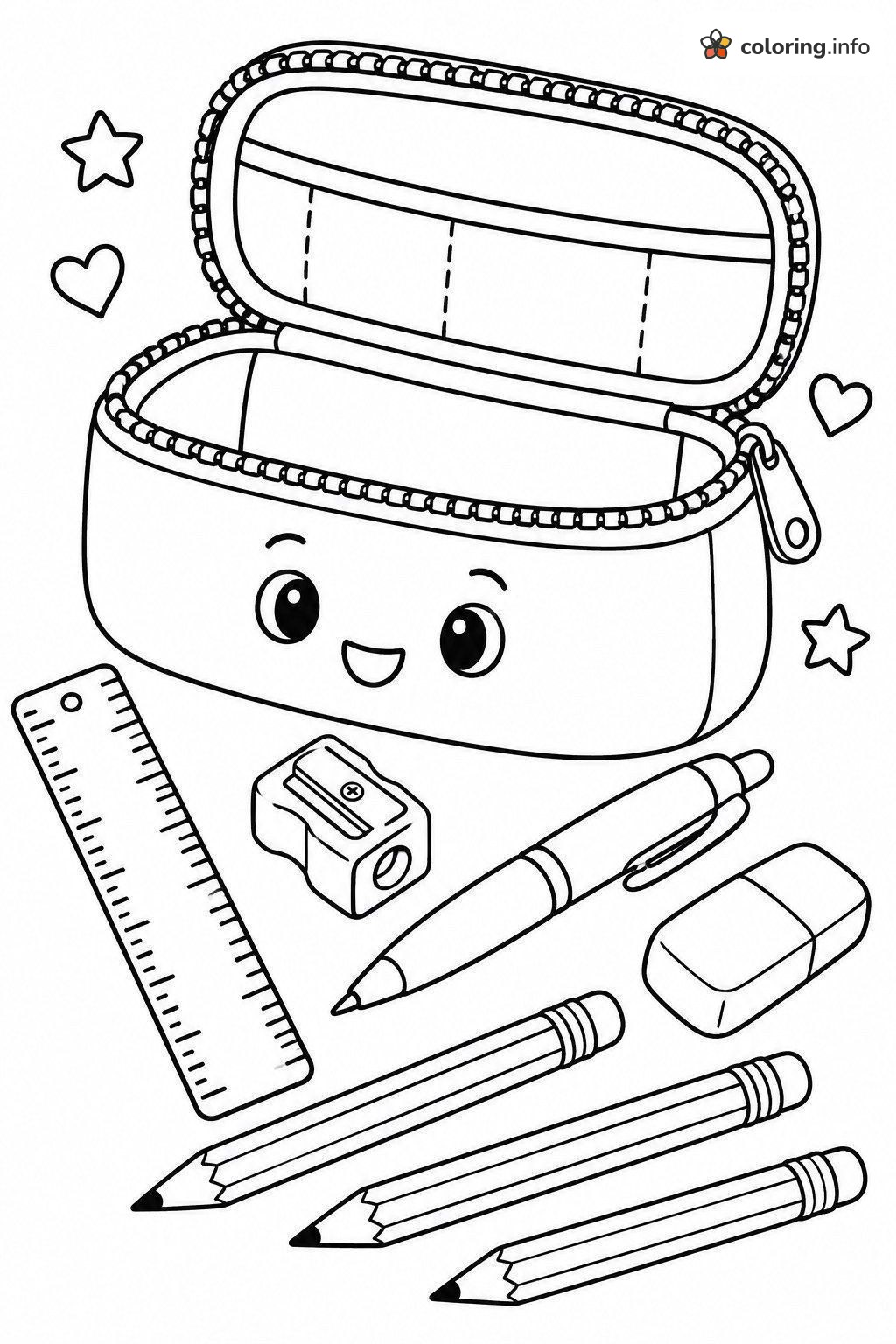 Smiling Pencil Case and Supplies, a Back to School Printable coloring page Smiling Pencil Case and Supplies, a Back to School Printable coloring page
