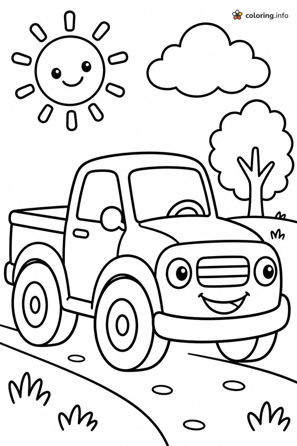 Happy Pickup Truck Cruising a Sunny Country Road coloring page Happy Pickup Truck Cruising a Sunny Country Road coloring page