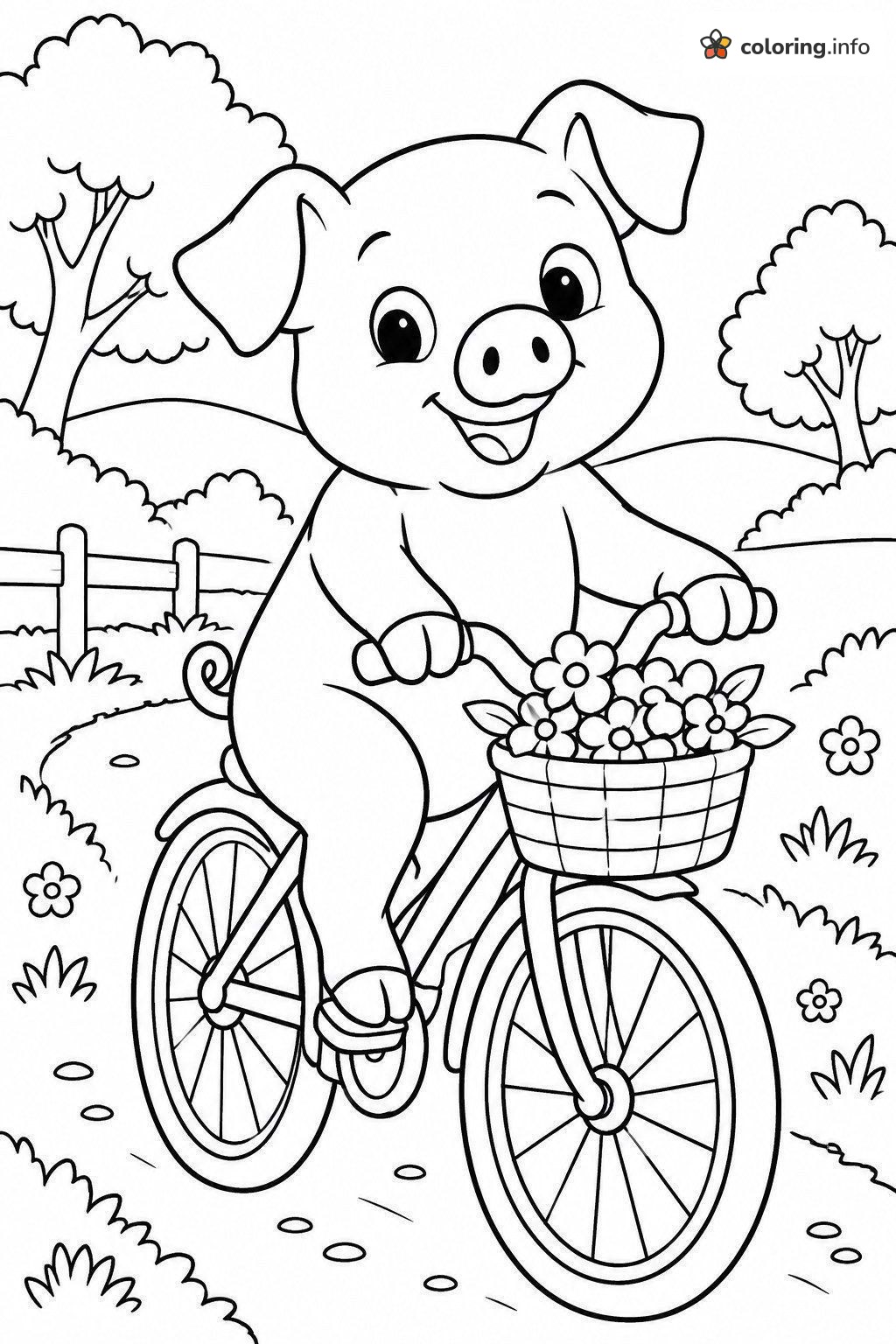 Bicycle-Riding Pig With a Basket of Flowers coloring sheet Bicycle-Riding Pig With a Basket of Flowers coloring sheet