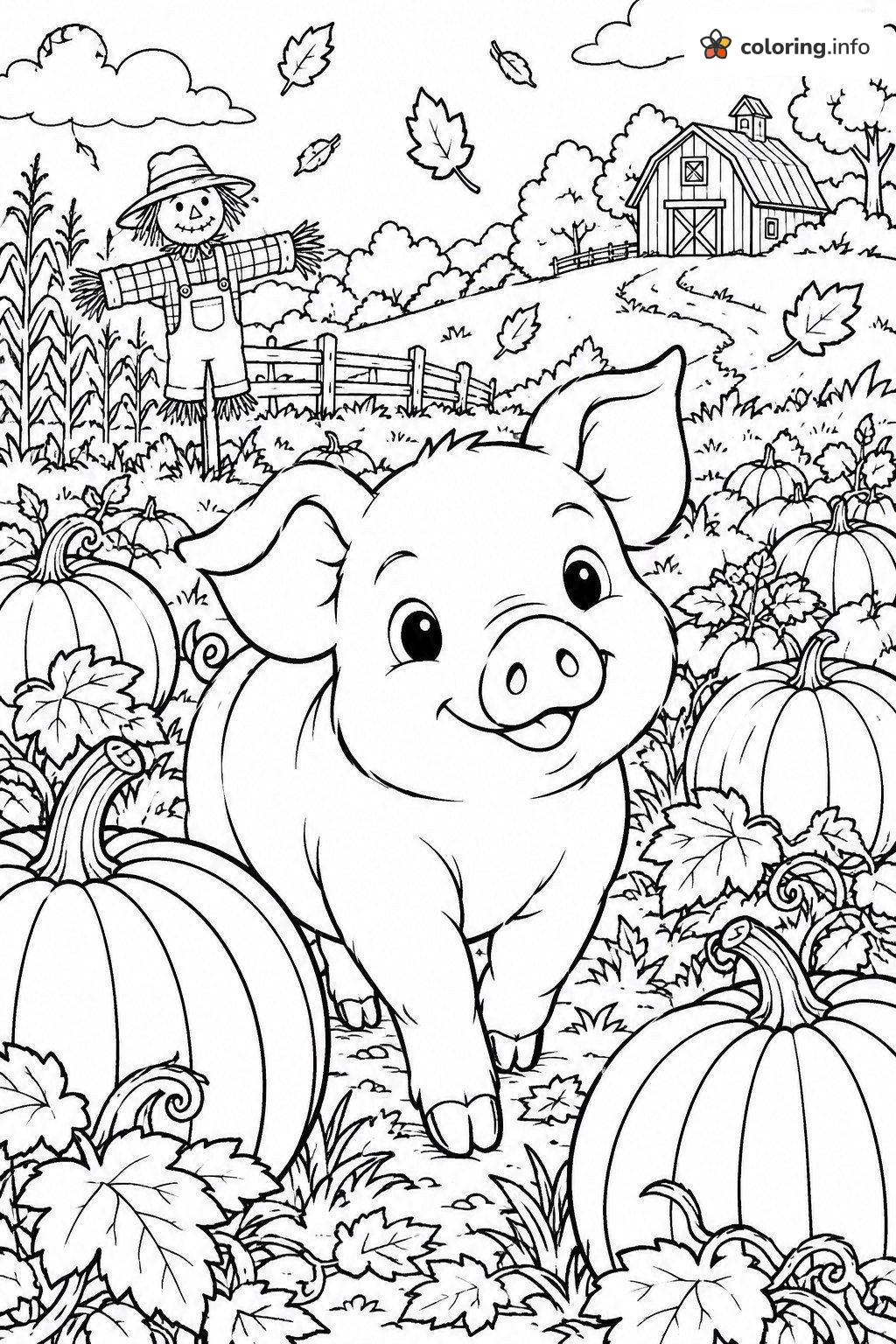 Pumpkin Patch Pig Trotting Past a Scarecrow coloring page Pumpkin Patch Pig Trotting Past a Scarecrow coloring page