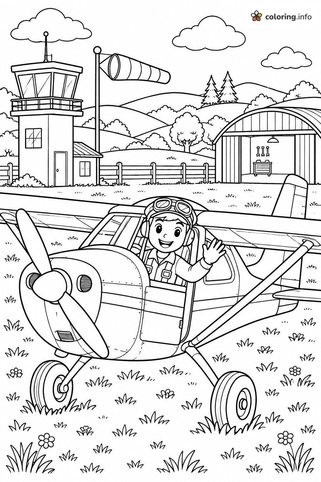 Waving Pilot Beside a Small Airplane at the Airfield coloring page Waving Pilot Beside a Small Airplane at the Airfield coloring page