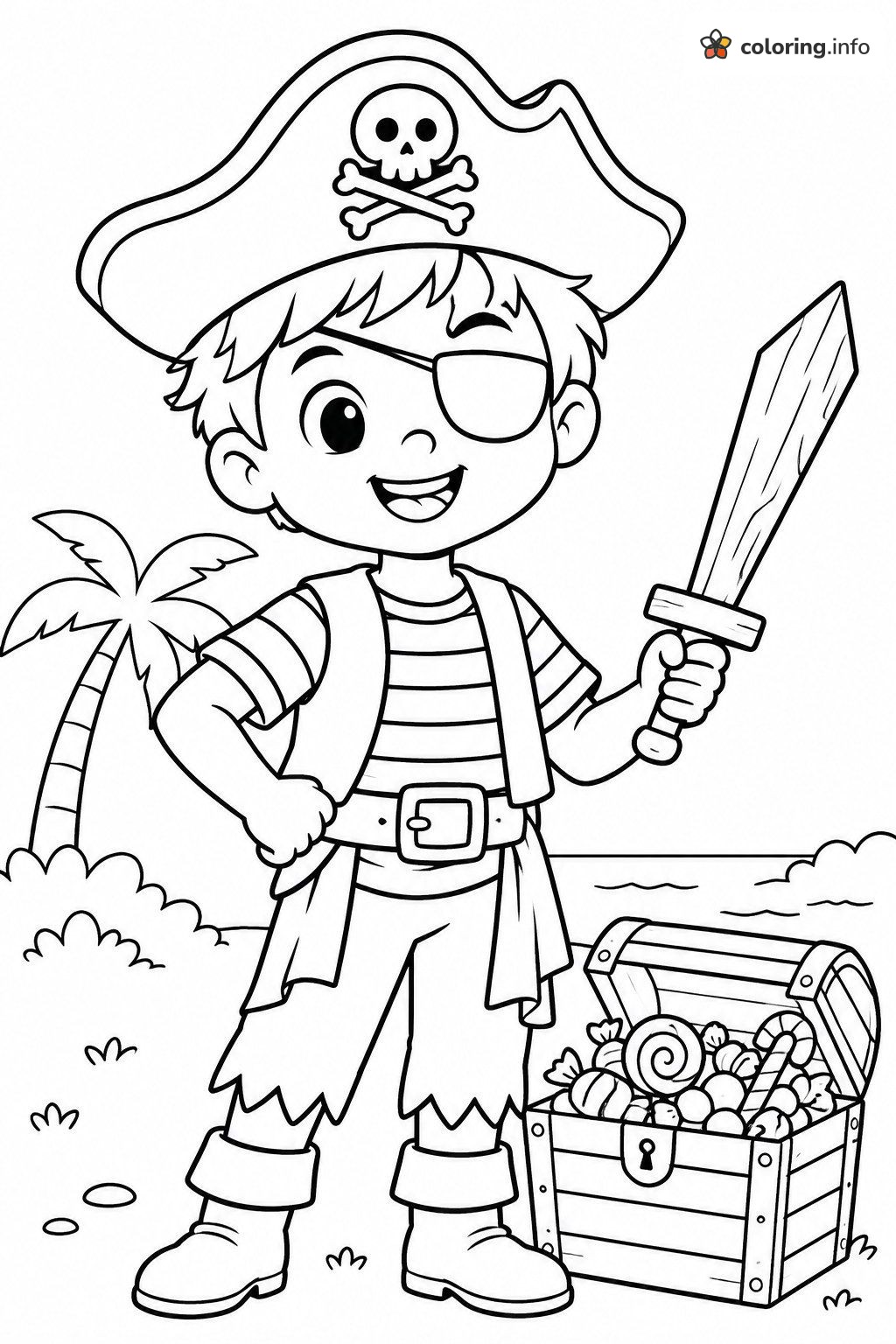 Pirate Boy in a Halloween Costume with Sword and Candy Chest coloring page Pirate Boy in a Halloween Costume with Sword and Candy Chest coloring page