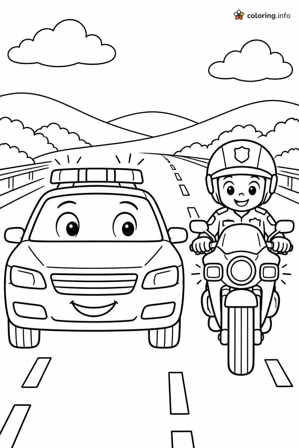 Police Car Cruising the Highway Next to a Motorcycle Officer coloring page Police Car Cruising the Highway Next to a Motorcycle Officer coloring page