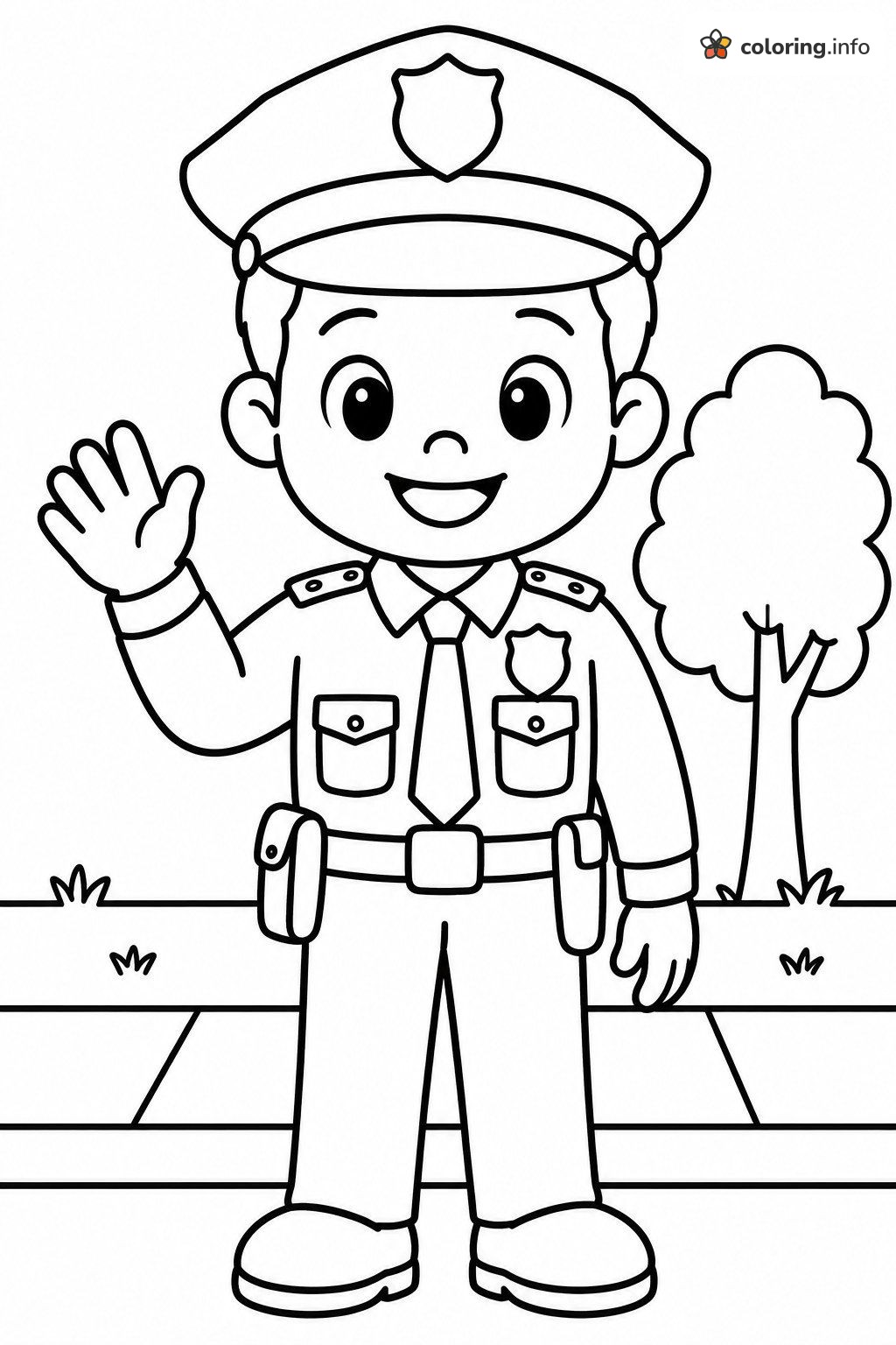 Friendly Police Officer Waving Beside a Tree printable coloring page Friendly Police Officer Waving Beside a Tree printable coloring page
