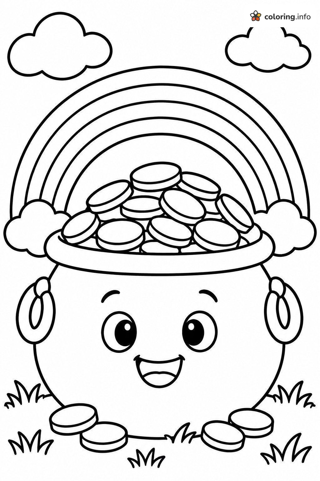 Grinning Pot in the Grass: Rainbow & Pot of Gold (St. Patrick's) coloring page Grinning Pot in the Grass: Rainbow & Pot of Gold (St. Patrick's) coloring page