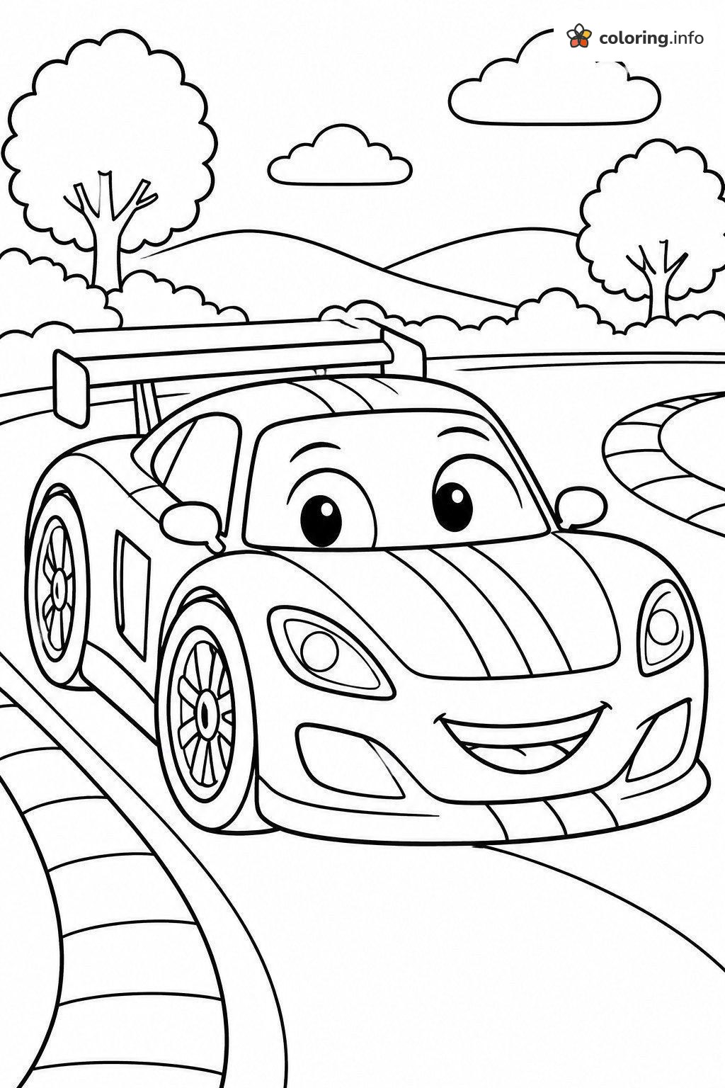 Grinning Race Car Rounding a Hilly Curve coloring page Grinning Race Car Rounding a Hilly Curve coloring page