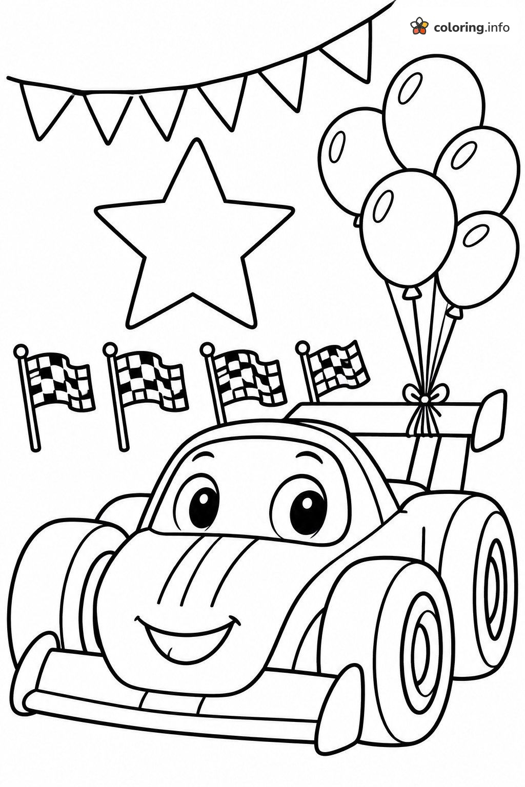 Party Race Car with Balloons, Star and Checkered Flags coloring page Party Race Car with Balloons, Star and Checkered Flags coloring page