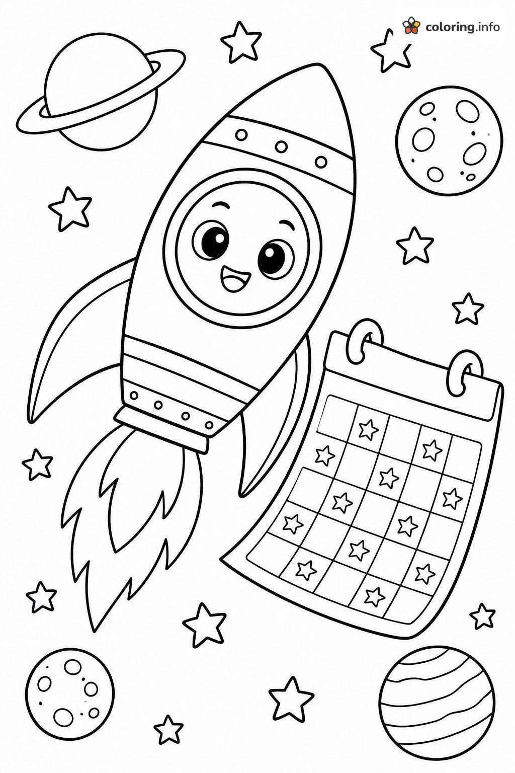 Rocket and Star Calendar in Outer Space printable coloring page Rocket and Star Calendar in Outer Space printable coloring page