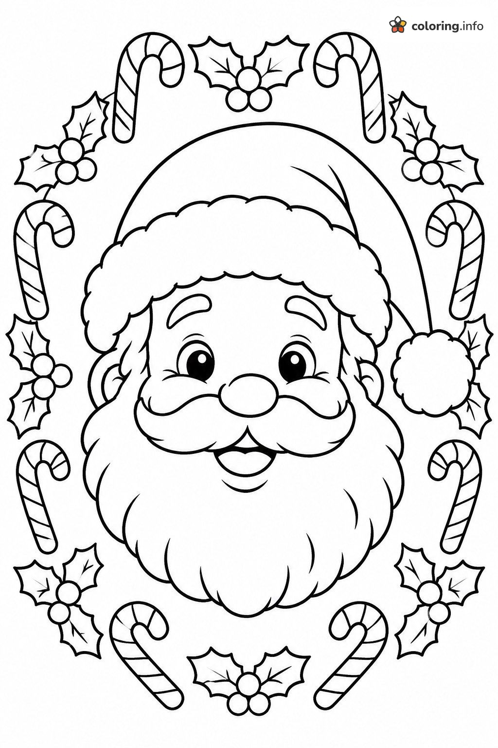 Santa Claus Christmas Mandala with Candy Canes and Holly printable coloring page Santa Claus Christmas Mandala with Candy Canes and Holly printable coloring page